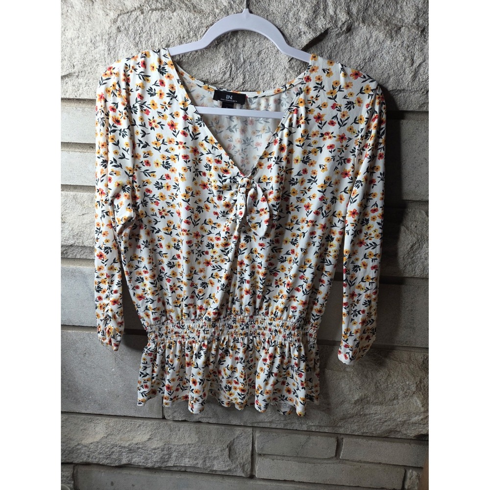 IN San Francisco Womens Floral Peplum Top Yellow Orange Smocked Waist Large